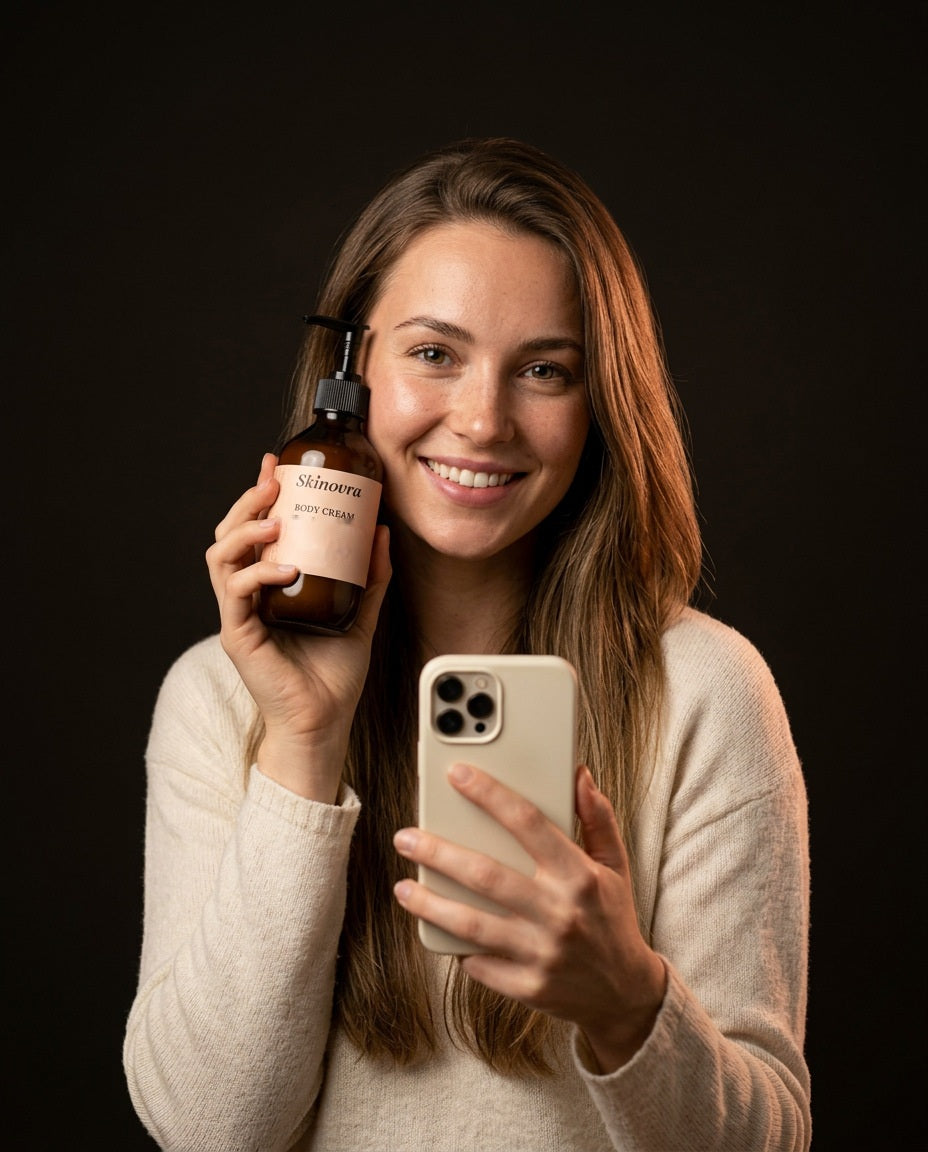 Creatorin mit Smartphone und der Skinovra Body Cream