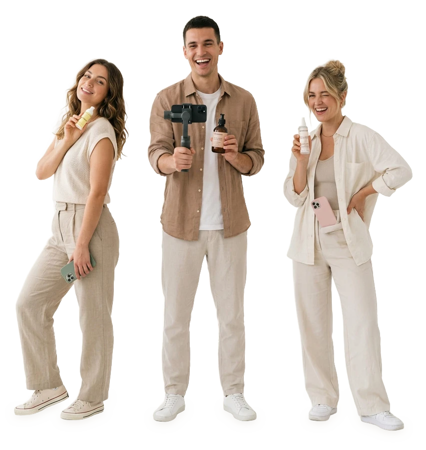 Drei Creator mit Smartphones und Skinovra-Produkten